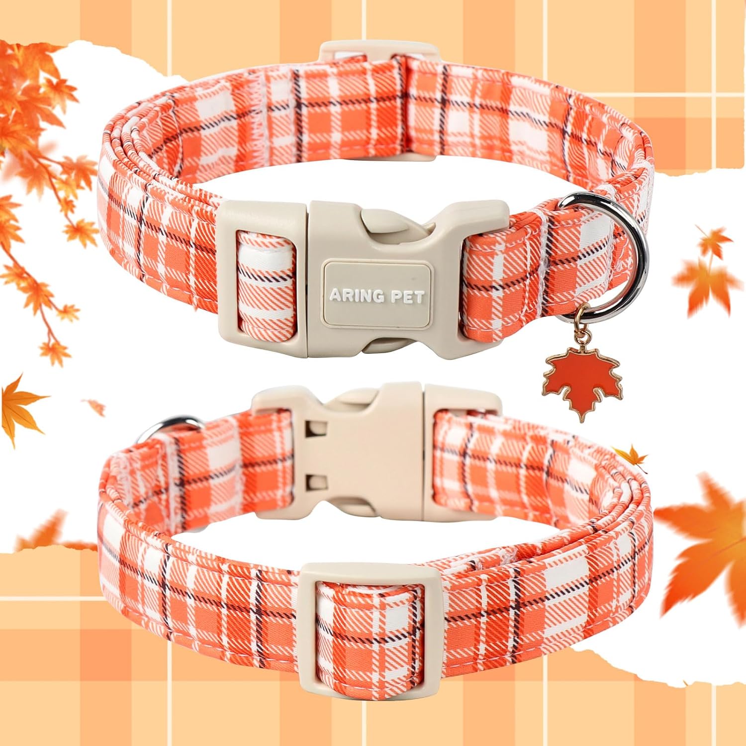 Halloween Dog Collar-Cute Orange Plaid Dog Collars, Adjustable Fall Pet Collars Puppy Collar with Quick Release Buckle for Girl&Boy Dogs