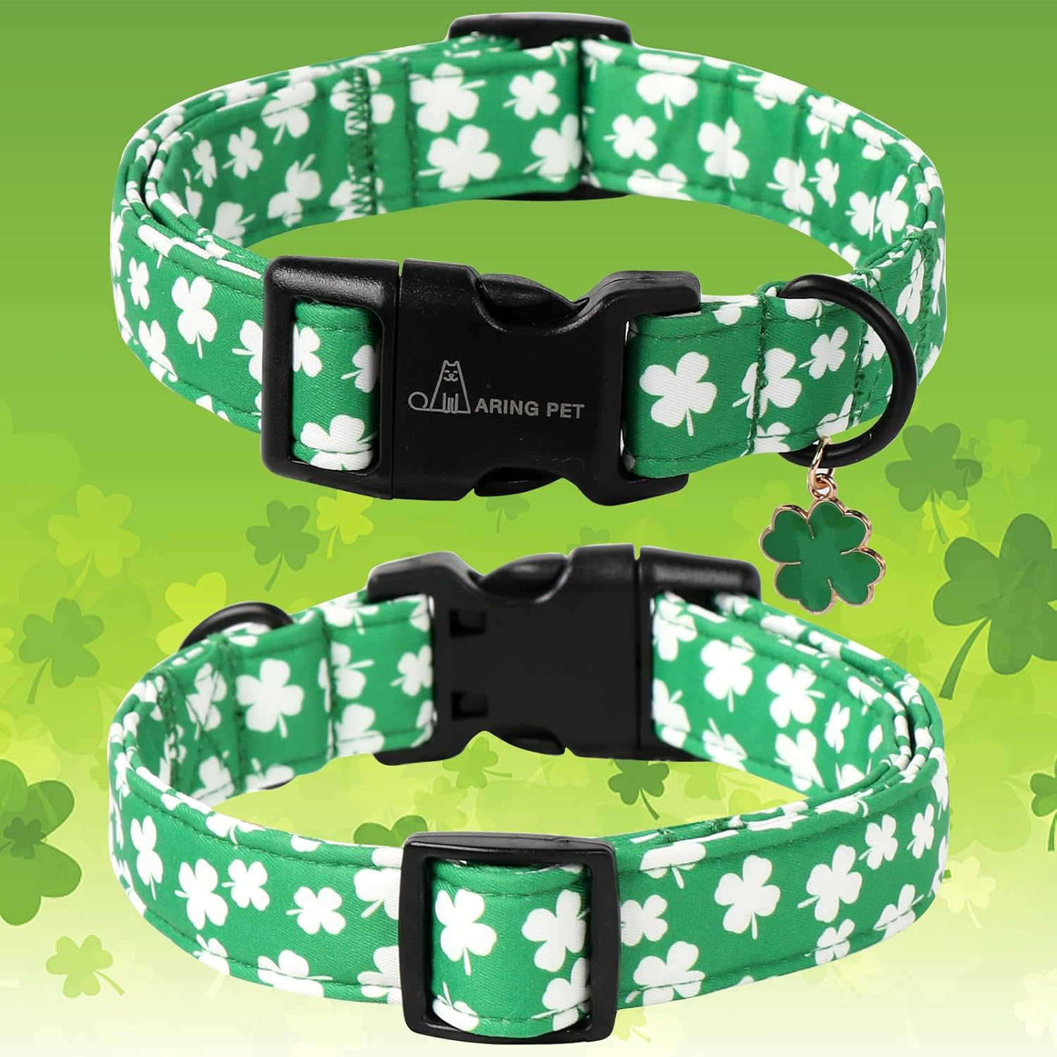 St Patrick's Day Dog Collar-Cute Green Clovers Dog Collars, Adjustable Shamrock Pet Collars Trefoil Puppy Collar with Quick Release Buckle for Girl&Boy Dogs