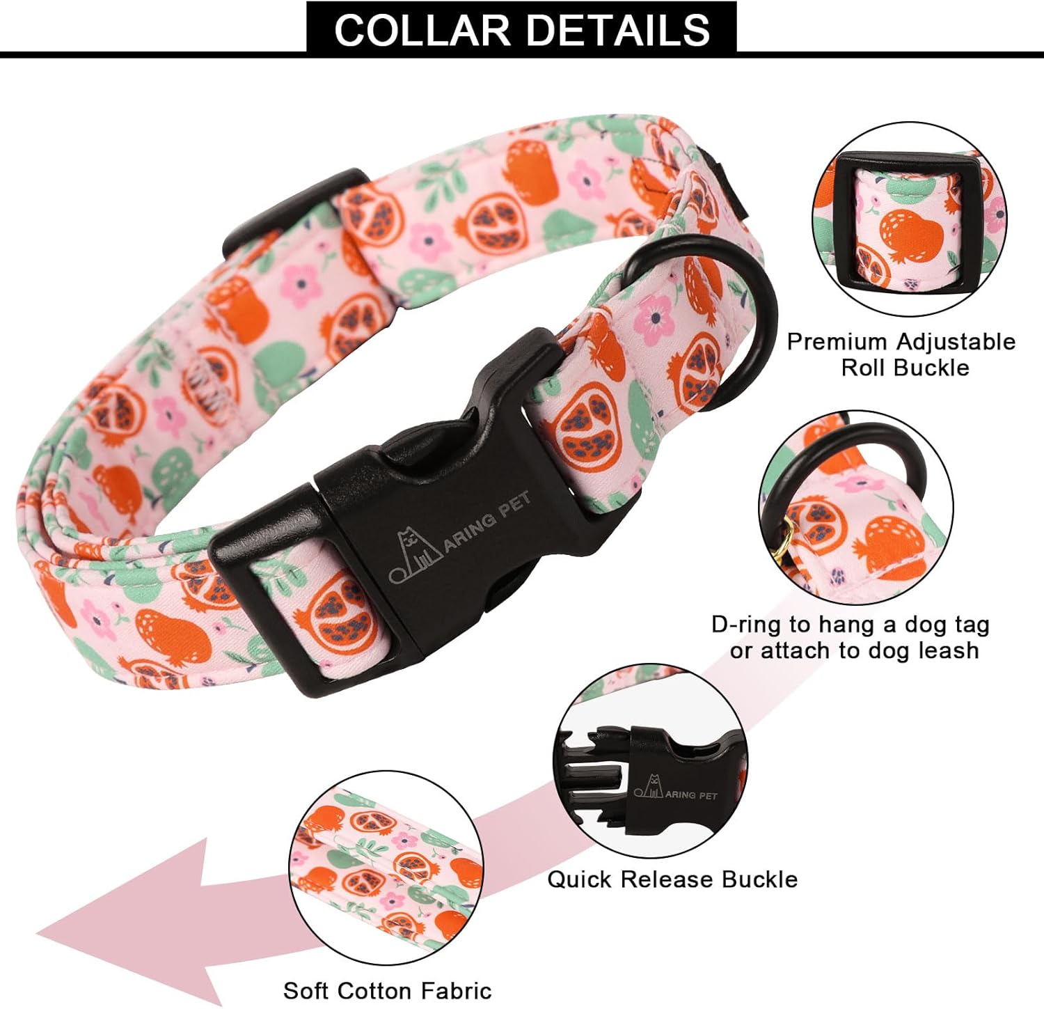 Fall Dog Collar-Cute Pink Small Dog Collar, Adjustable Pomegranate&Apple Print Pet Collars Puppy Collar with Quick Release Buckle for Girl&Boy Dogs
