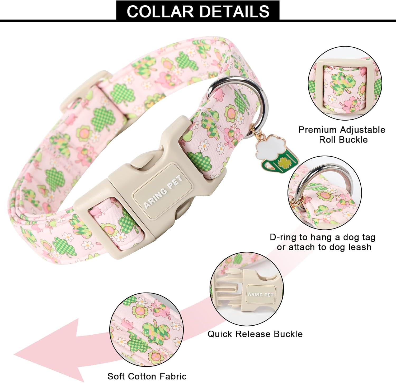 St Patrick's Day Dog Collar-Cute Pink Clovers Dog Collars, Adjustable Shamrock Pet Collars Trefoil Puppy Collar with Quick Release Buckle for Girl&Boy Dogs