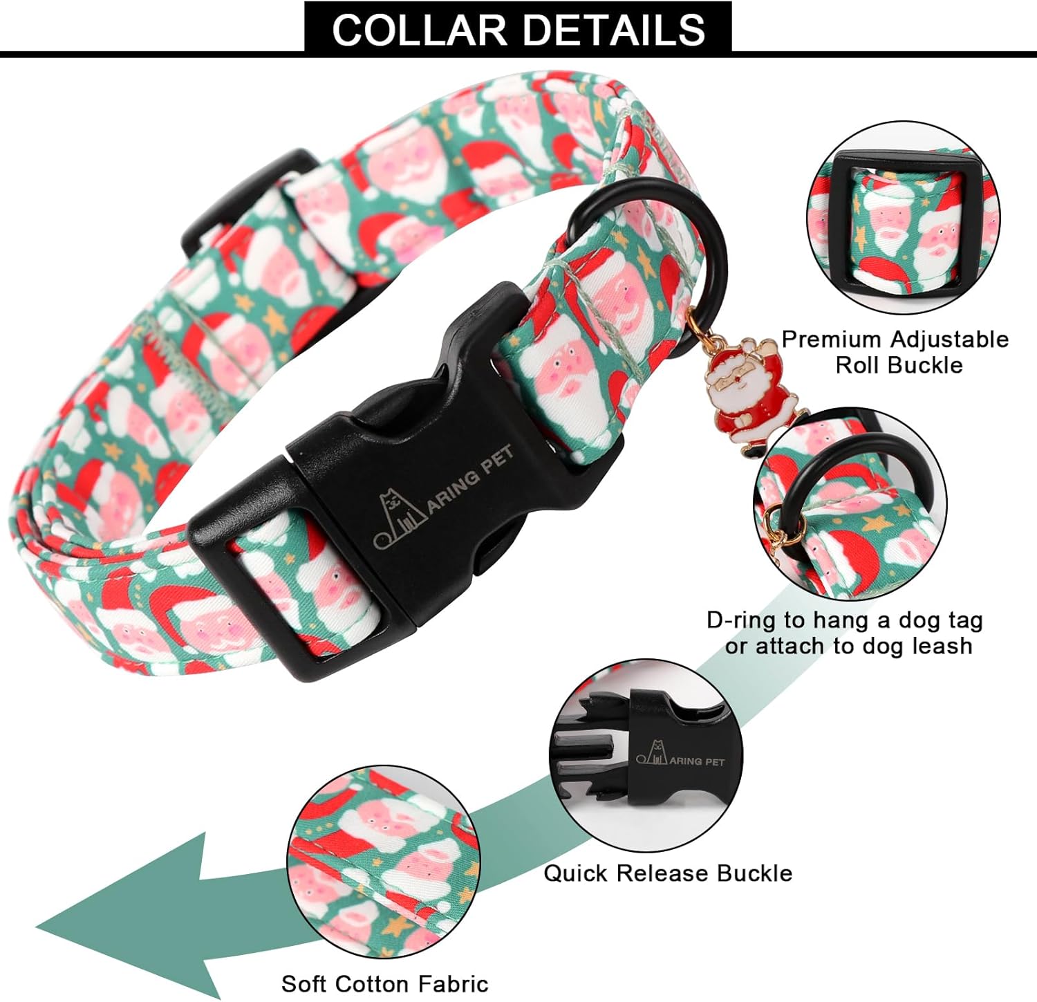 Christmas Dog Collar-Cute Green Santa Claus Dog Collars, Adjustable Christmas Pet Collars Puppy Collar with Quick Release Buckle for Girl&Boy Dogs