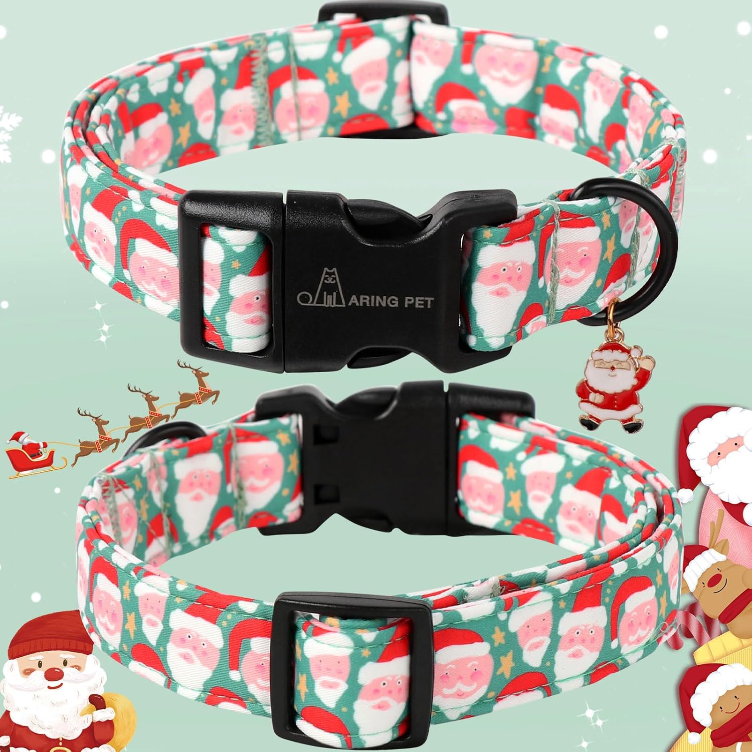 Christmas Dog Collar-Cute Green Santa Claus Dog Collars, Adjustable Christmas Pet Collars Puppy Collar with Quick Release Buckle for Girl&Boy Dogs