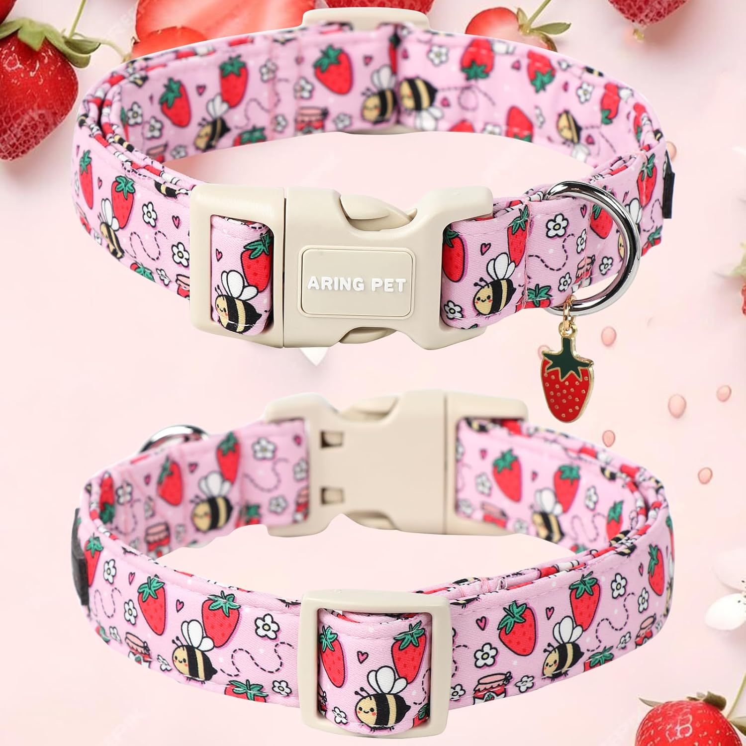 Summer Dog Collar-Cute Pink Dog Collar for Small Dogs, Adjustable Strawberry Bees Print Pet Collars Puppy Collar for Small Medium Large Dogs
