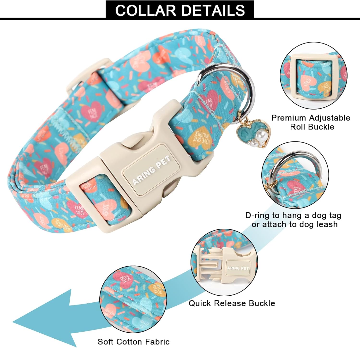 Valentine's Day Dog Collar-Cute Blue Heart Dog Collars, Adjustable Valentine Heart Pet Collars Puppy Collar with Quick Release Buckle for Girl&Boy Dogs