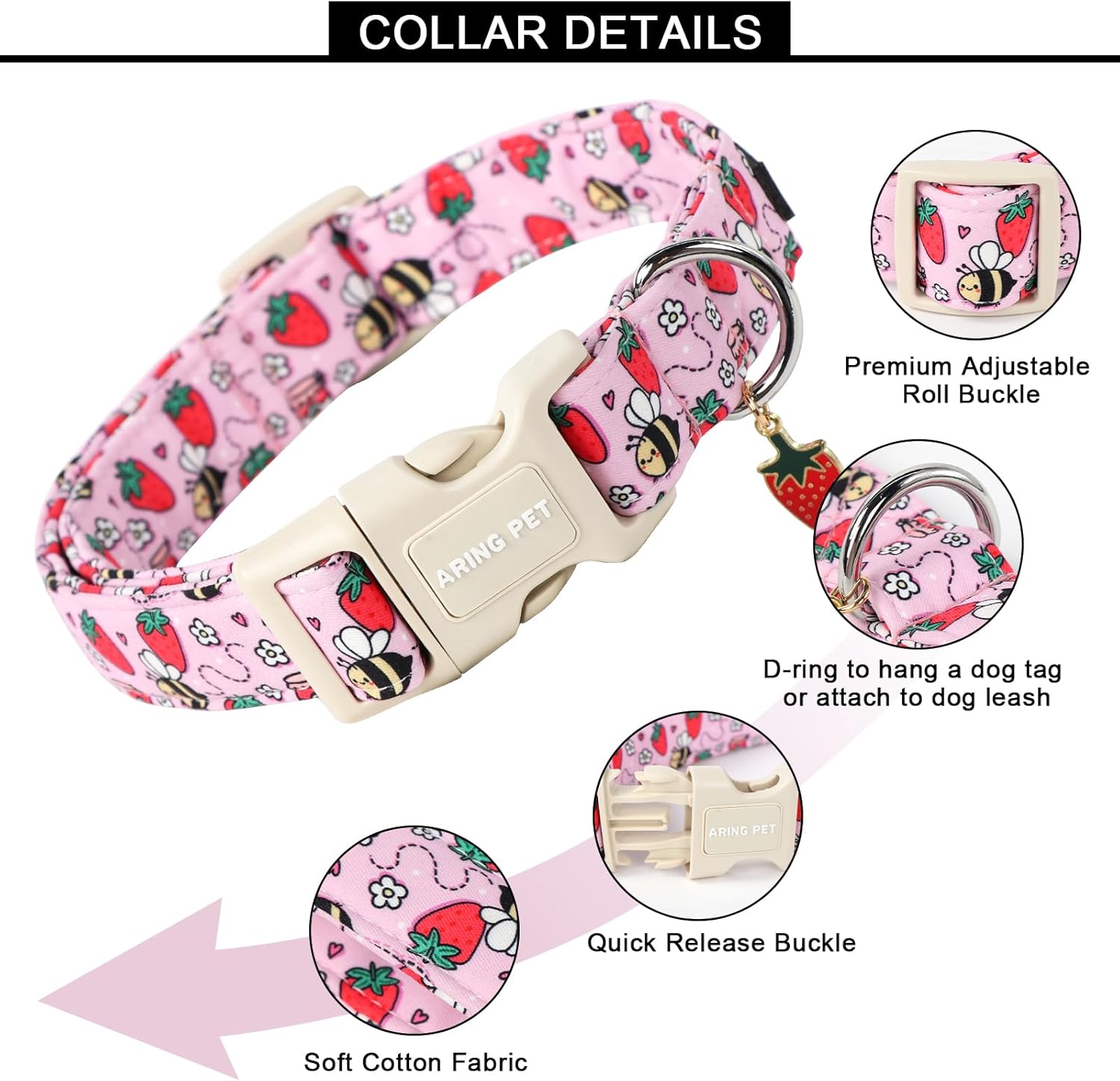 Summer Dog Collar-Cute Pink Dog Collar for Small Dogs, Adjustable Strawberry Bees Print Pet Collars Puppy Collar for Small Medium Large Dogs