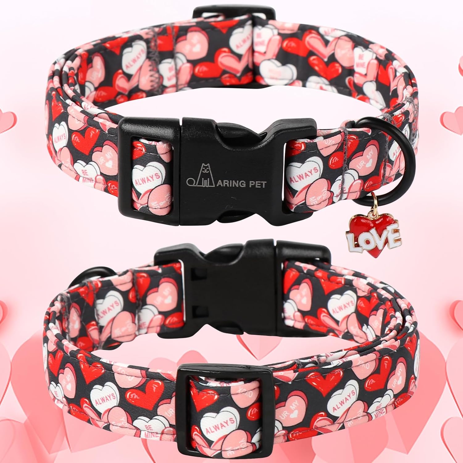 Valentine's Day Dog Collar-Cute Black Heart Dog Collars, Adjustable Valentine Heart Pet Collars Puppy Collar with Quick Release Buckle for Girl&Boy Dogs