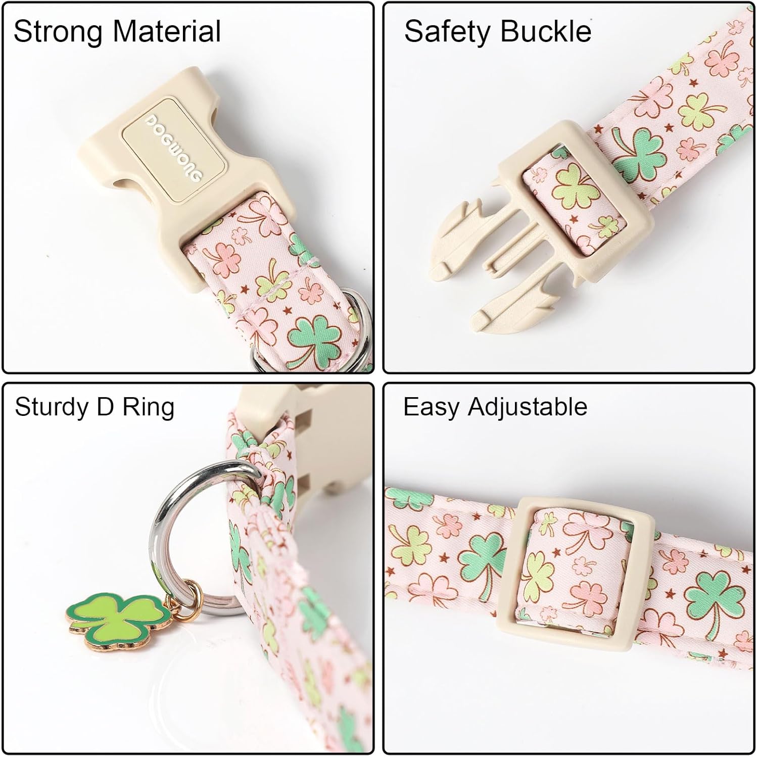 Green Dog Collar- Spring Female Dog Collars Adjustable St. Patrick's Day Puppy Pink Clover Dog Collar for Small Medium Large Dogs