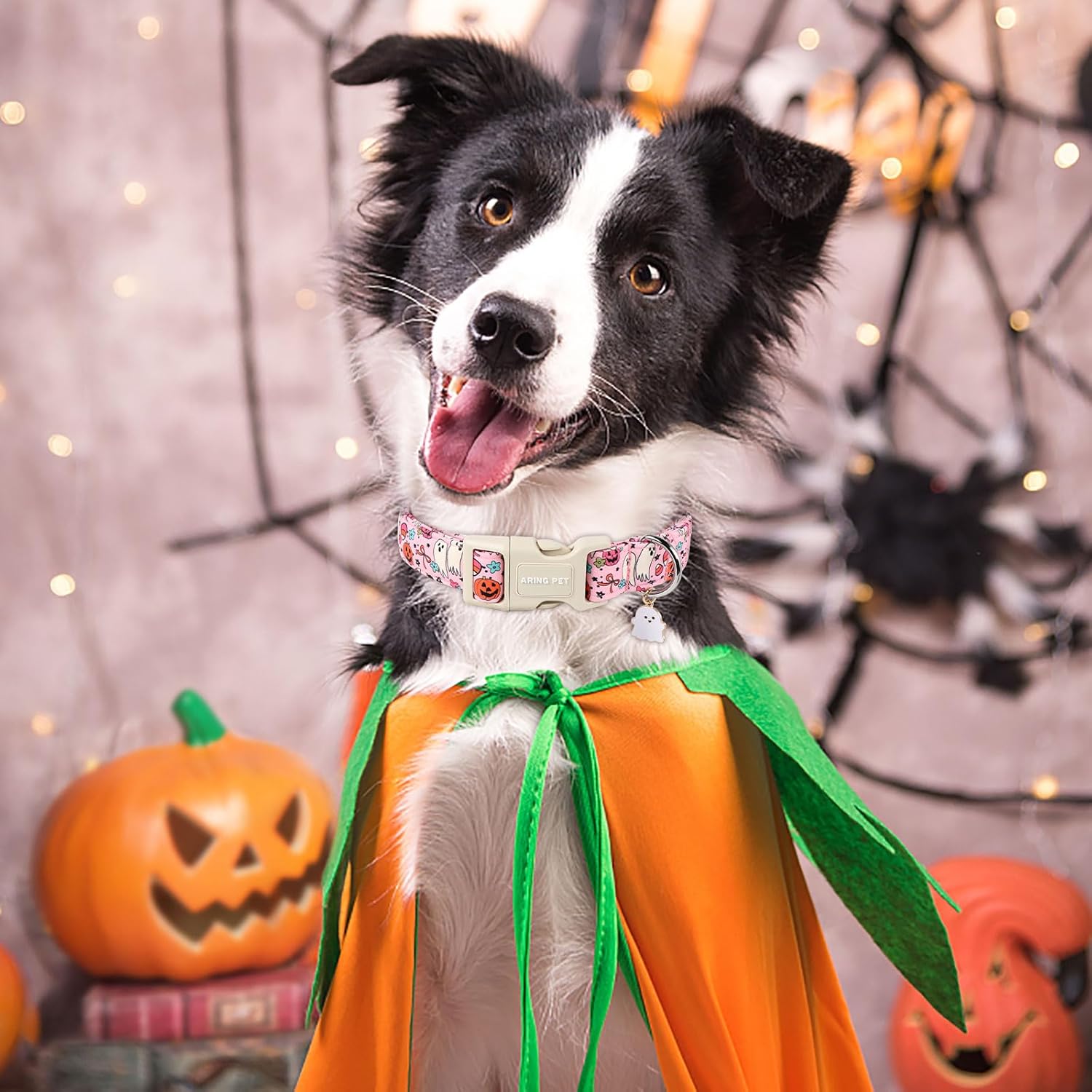 Halloween Dog Collar-Cute Pink Dog Collars, Adjustable Pumpkin Ghost Printed Pet Collars Puppy Collar with Quick Release Buckle for Girl&Boy Dogs