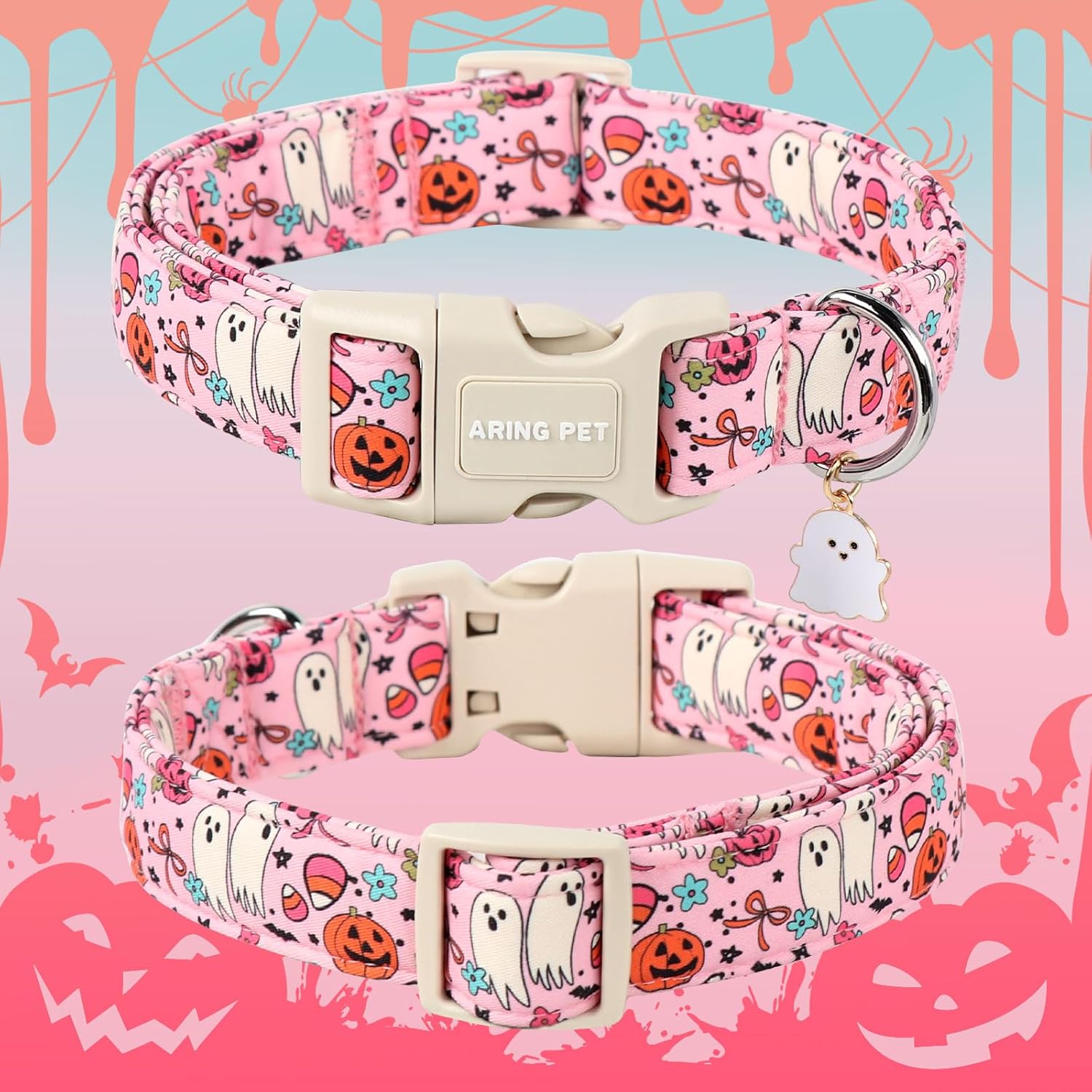 Halloween Dog Collar-Cute Pink Dog Collars, Adjustable Pumpkin Ghost Printed Pet Collars Puppy Collar with Quick Release Buckle for Girl&Boy Dogs