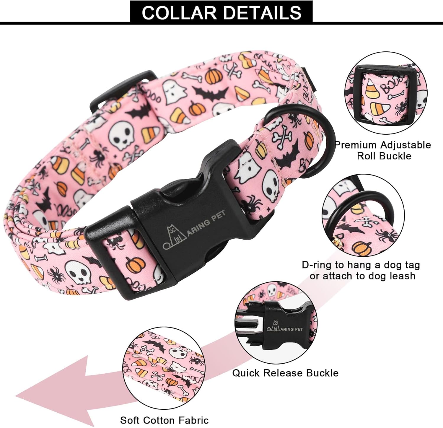 Halloween Dog Collar-Cute Pink Pumpkin Dog Collar, Adjustable Spider Bat Skull Print Pet Collars Puppy Collar with Quick Release Buckle for Girl&Boy Dogs