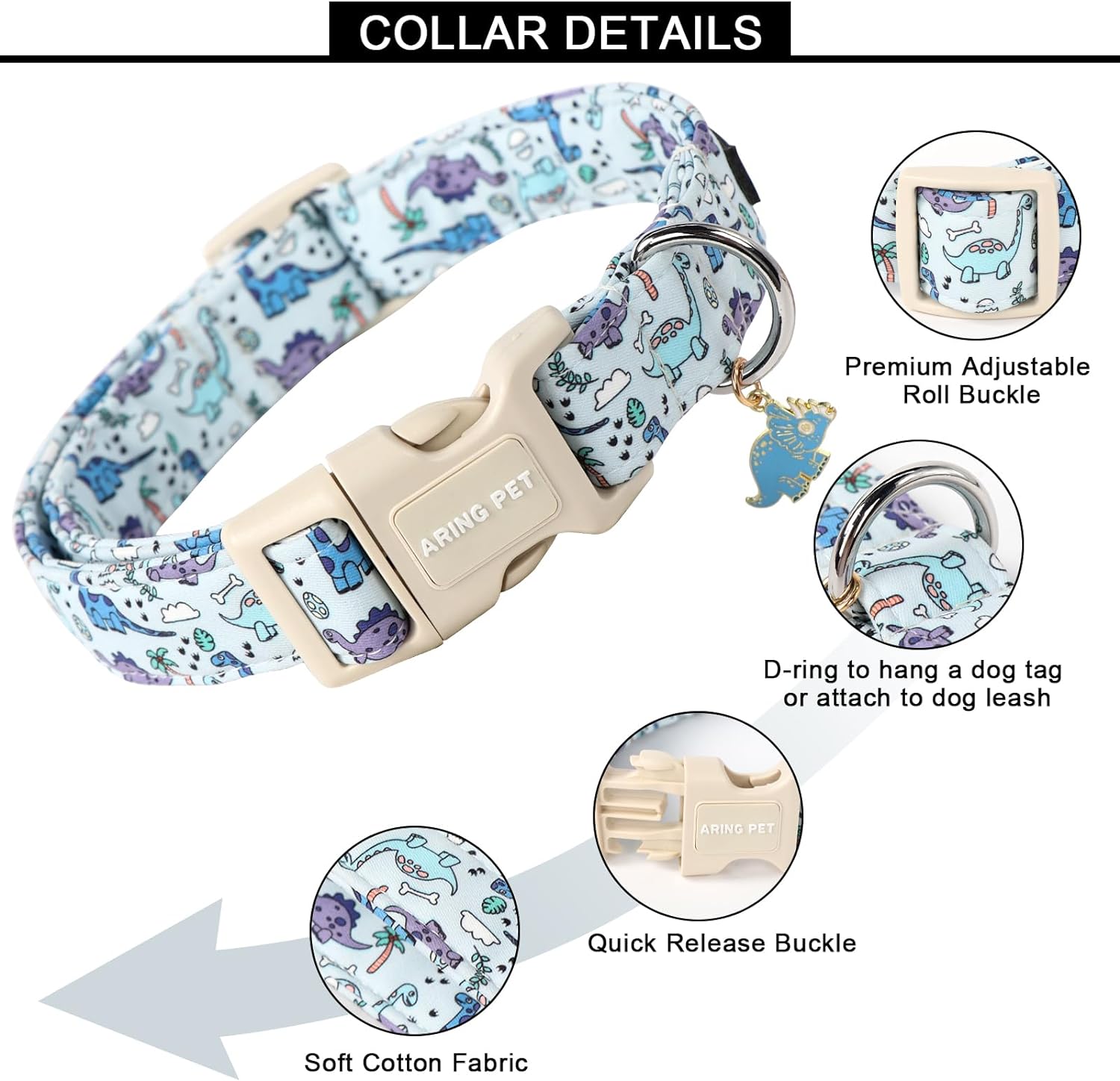 Dinosaur Dog Collar-Cute Dog Collar for Small Dogs, Adjustable Dinosaur Print Pet Collars Puppy Collar for Small Medium Large Dogs