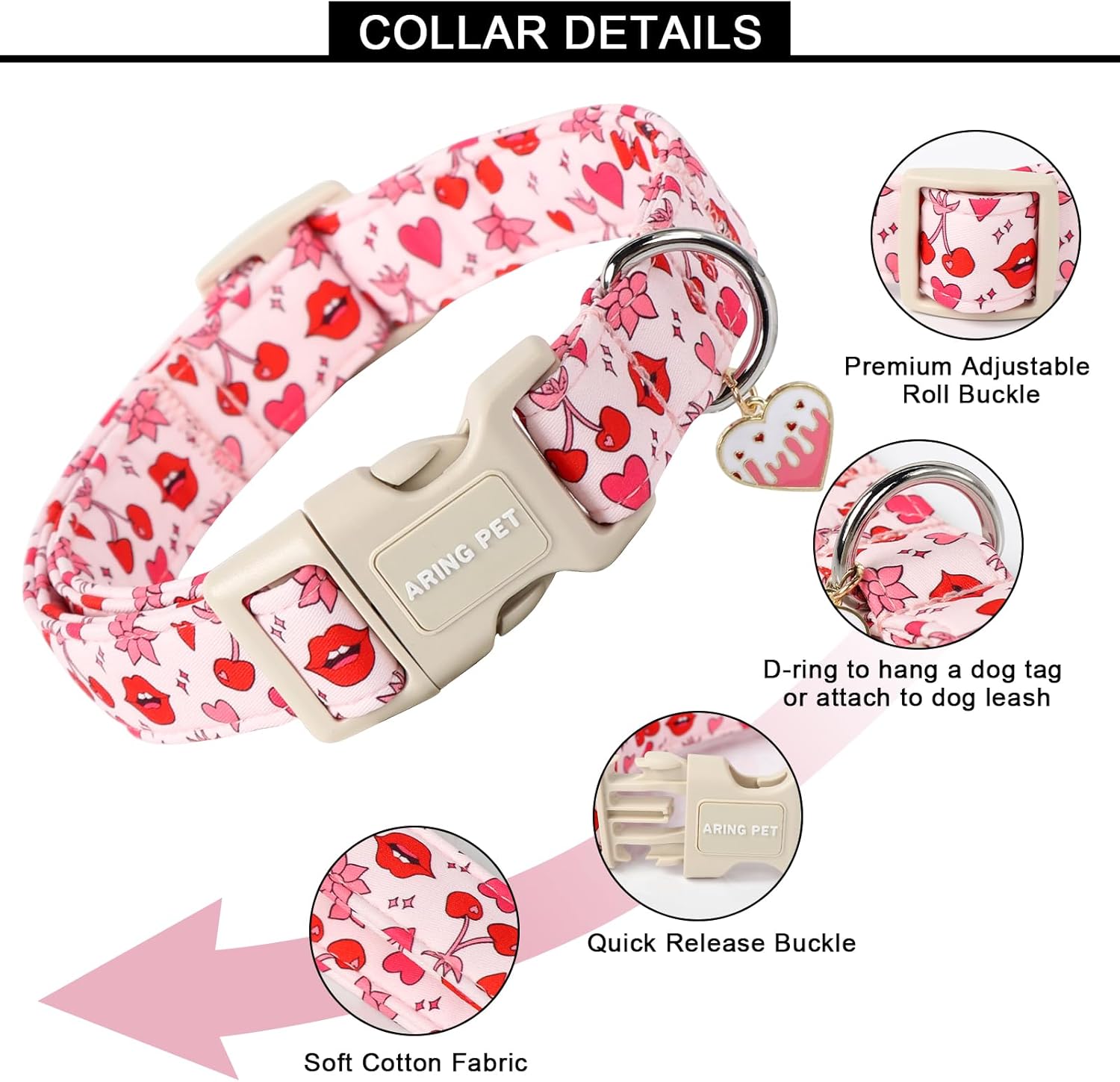 Valentine's Day Dog Collar-Cute Pink Heart Dog Collars, Adjustable Valentine Lips Pet Collars Puppy Collar with Quick Release Buckle for Girl&Boy Dogs