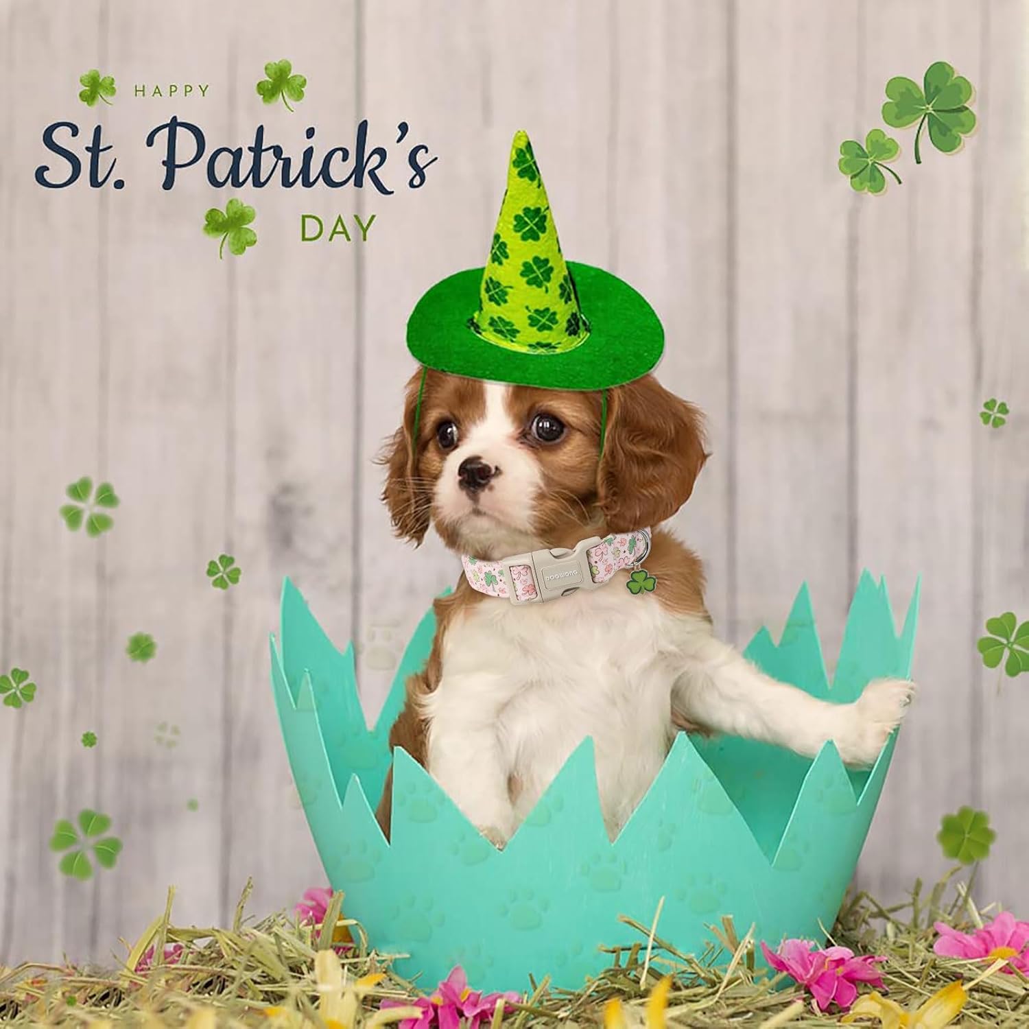 Green Dog Collar- Spring Female Dog Collars Adjustable St. Patrick's Day Puppy Pink Clover Dog Collar for Small Medium Large Dogs