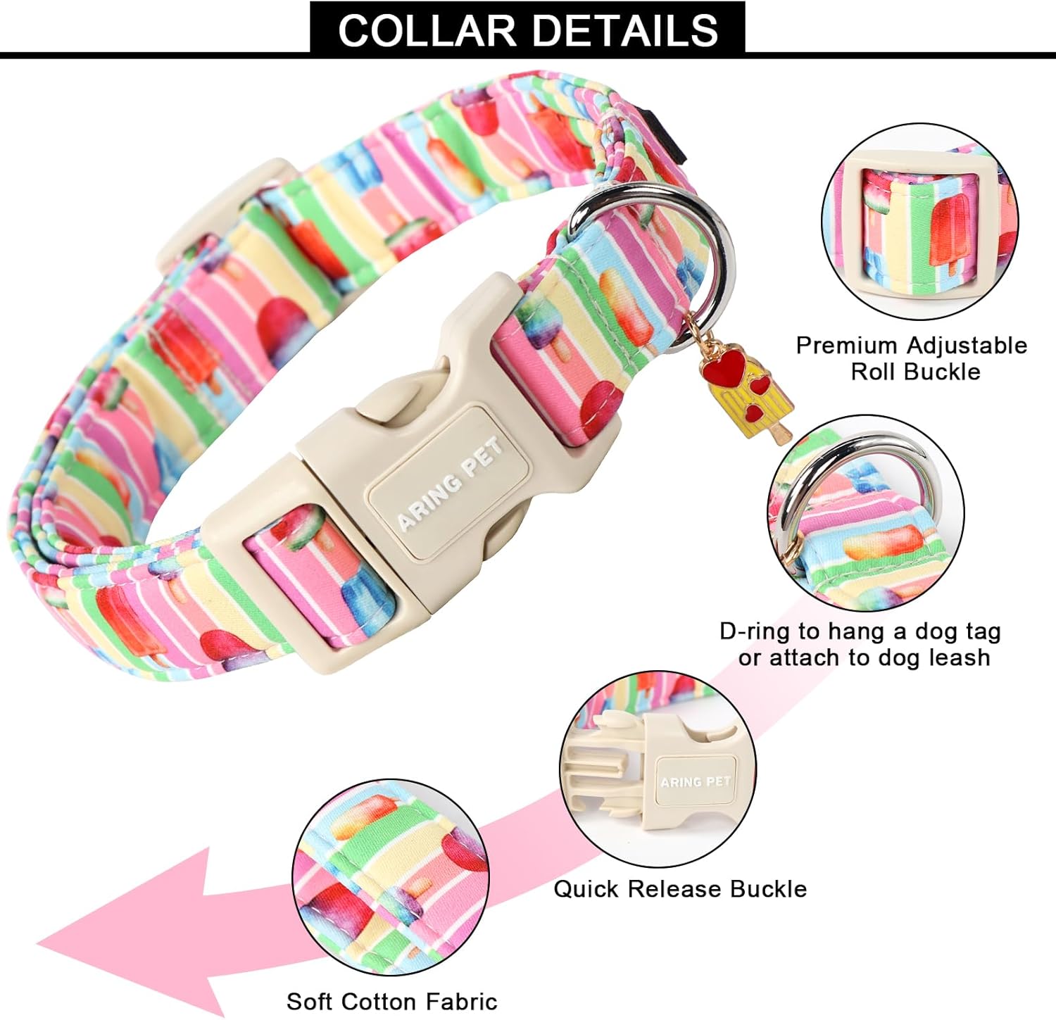 Summer Dog Collar-Cute Popsicle Dog Collar for Small Dogs, Adjustable Multicolor Ice Cream Pet Collars Puppy Collar for Small Medium Large Dogs