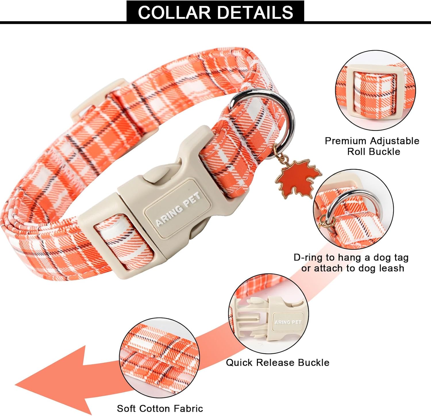 Halloween Dog Collar-Cute Orange Plaid Dog Collars, Adjustable Fall Pet Collars Puppy Collar with Quick Release Buckle for Girl&Boy Dogs