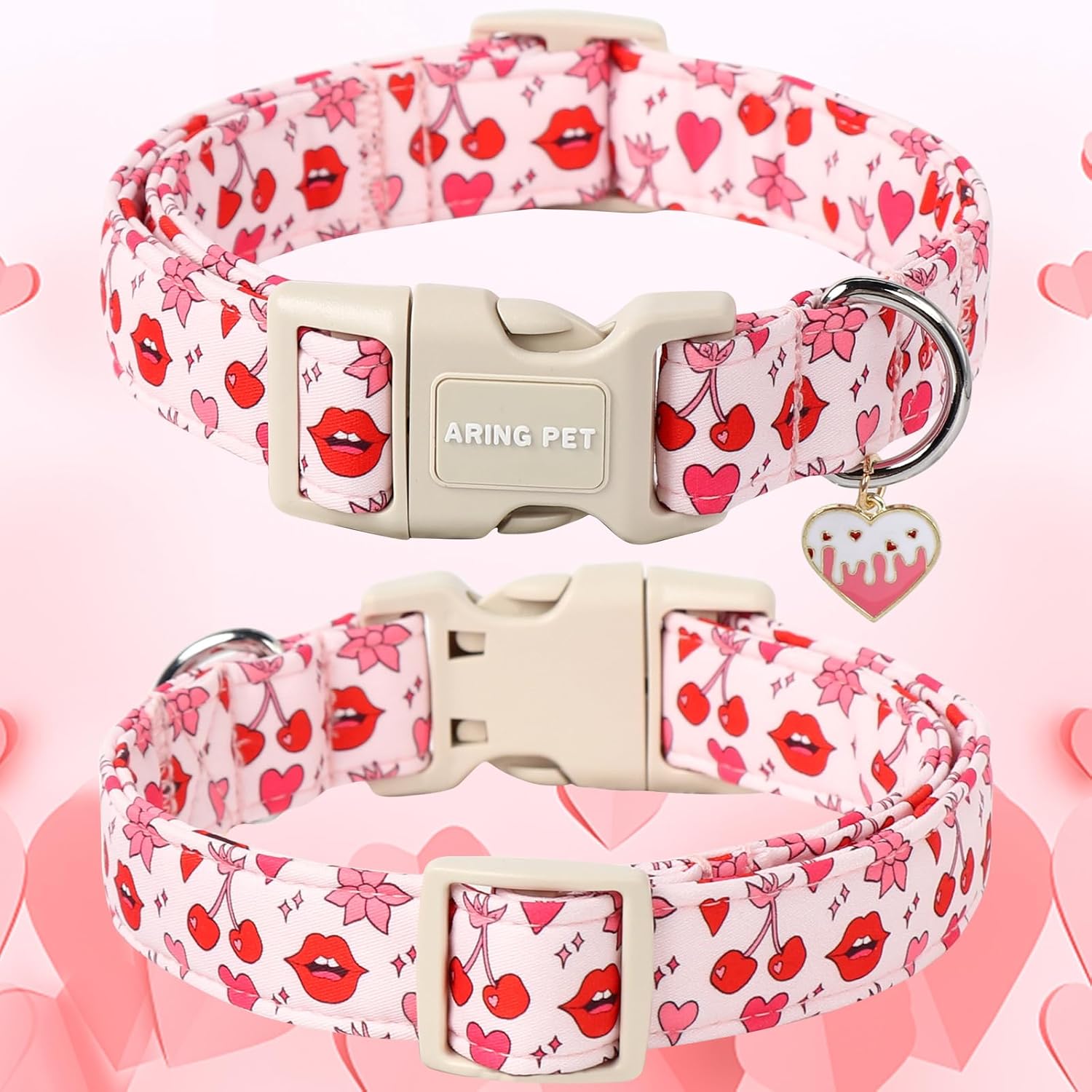 Valentine's Day Dog Collar-Cute Pink Heart Dog Collars, Adjustable Valentine Lips Pet Collars Puppy Collar with Quick Release Buckle for Girl&Boy Dogs
