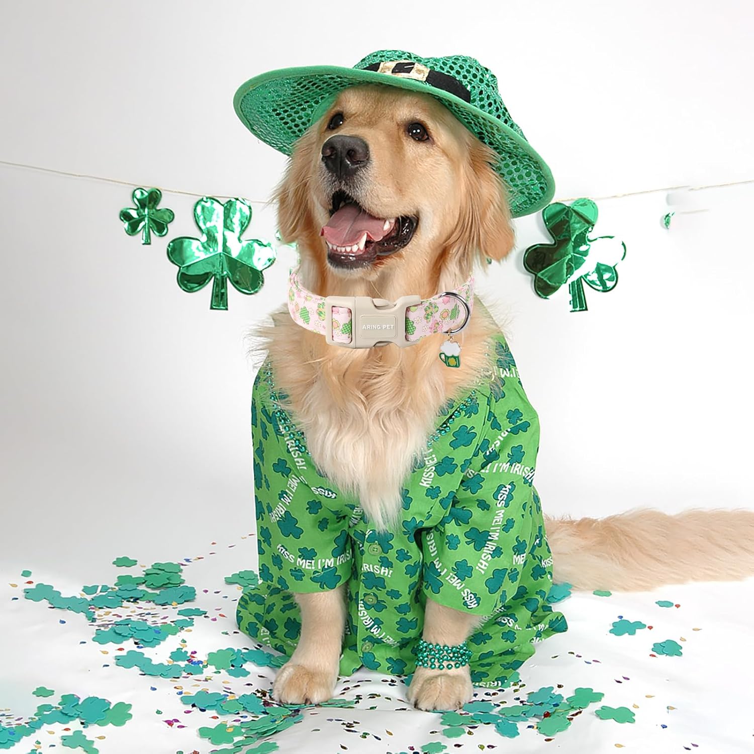 St Patrick's Day Dog Collar-Cute Pink Clovers Dog Collars, Adjustable Shamrock Pet Collars Trefoil Puppy Collar with Quick Release Buckle for Girl&Boy Dogs