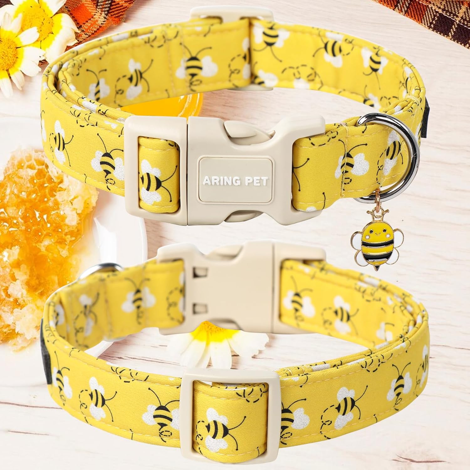 Bees Dog Collar-Cute Dog Collar for Small Dogs, Adjustable Yellow Bees Print Pet Collars Puppy Collar for Small Medium Large Dogs
