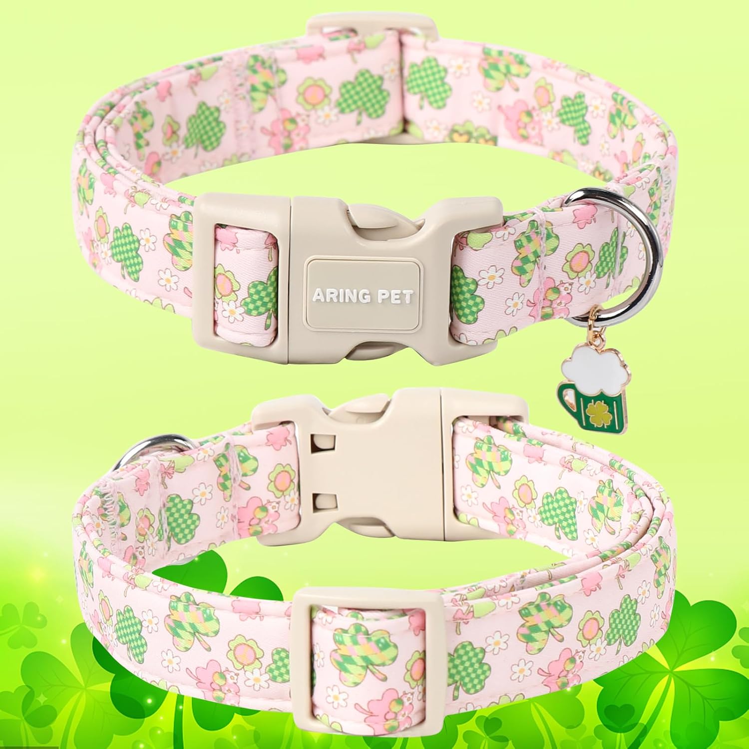 St Patrick's Day Dog Collar-Cute Pink Clovers Dog Collars, Adjustable Shamrock Pet Collars Trefoil Puppy Collar with Quick Release Buckle for Girl&Boy Dogs