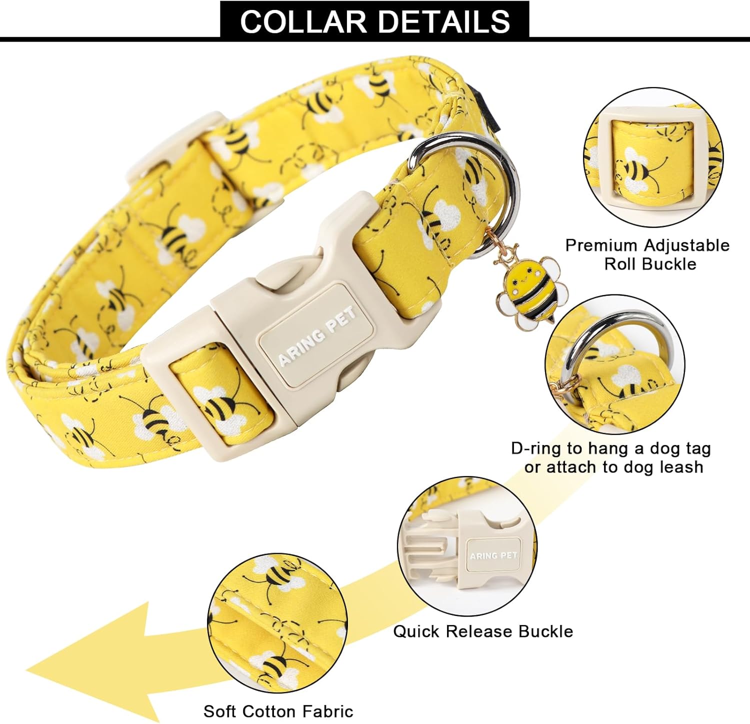 Bees Dog Collar-Cute Dog Collar for Small Dogs, Adjustable Yellow Bees Print Pet Collars Puppy Collar for Small Medium Large Dogs