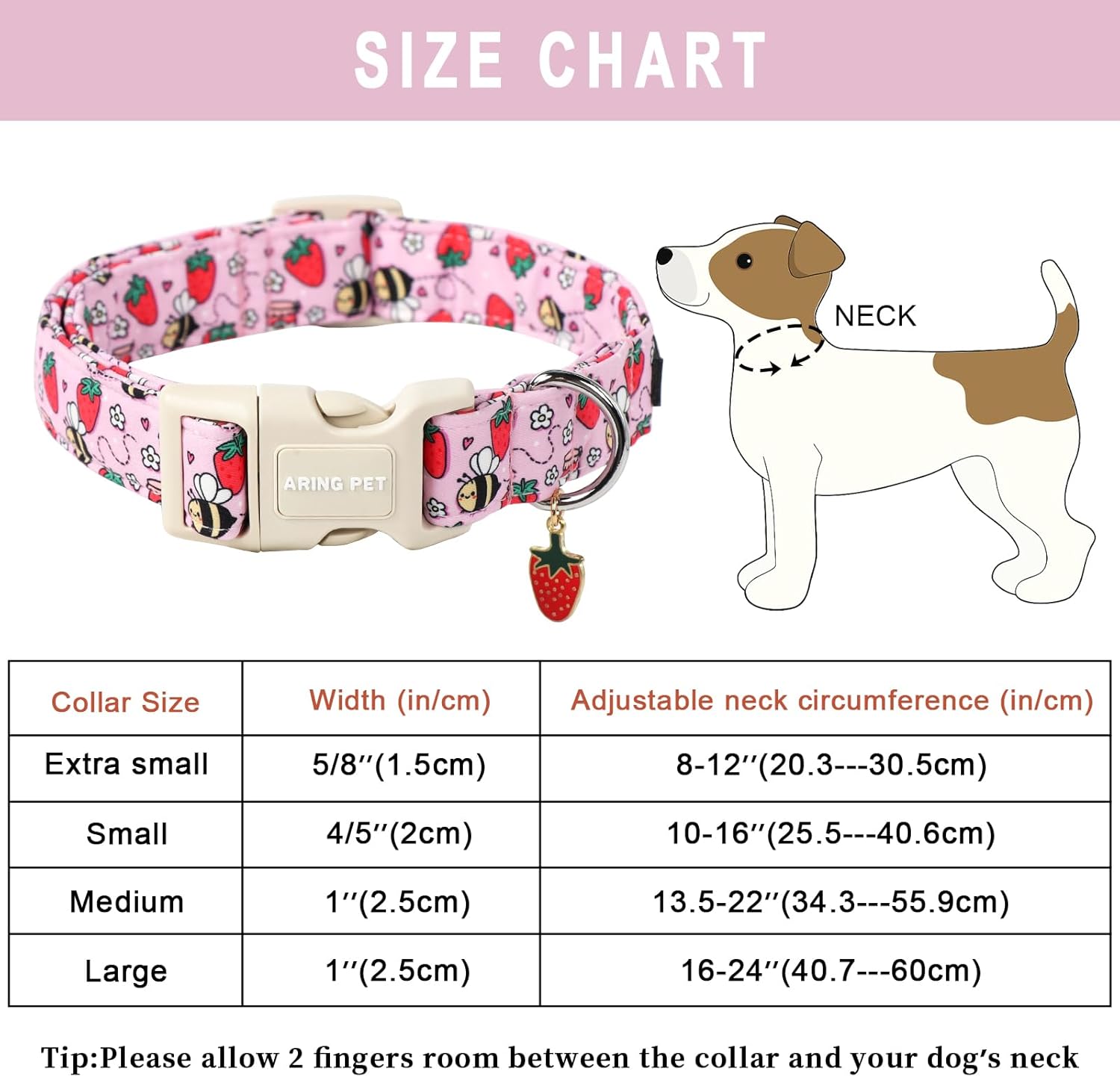 Summer Dog Collar-Cute Pink Dog Collar for Small Dogs, Adjustable Strawberry Bees Print Pet Collars Puppy Collar for Small Medium Large Dogs