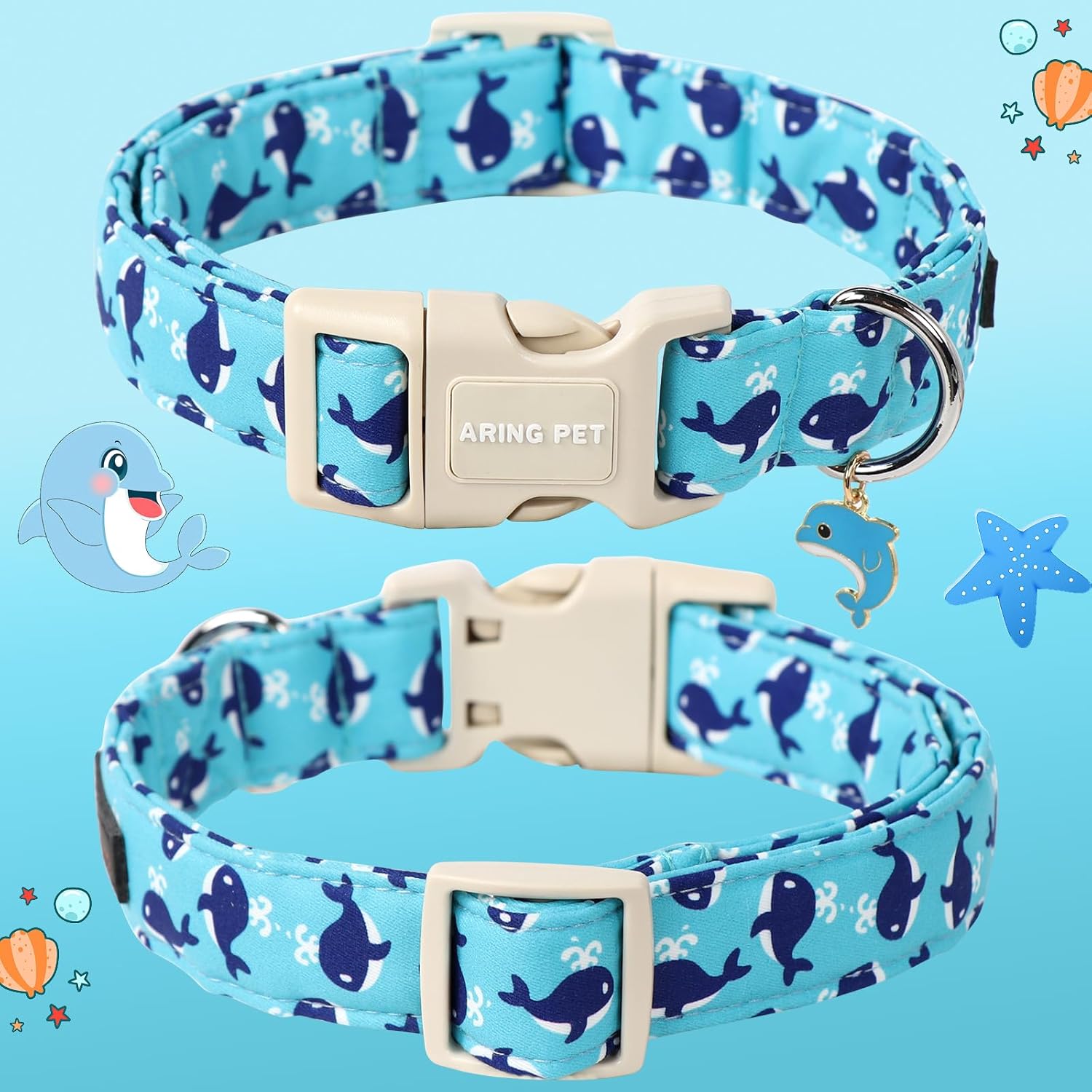 Summer Dog Collar-Cute Blue Dog Collar for Small Dogs, Adjustable Cotton Whales Pet Collars Puppy Collar for Small Medium Large Dogs