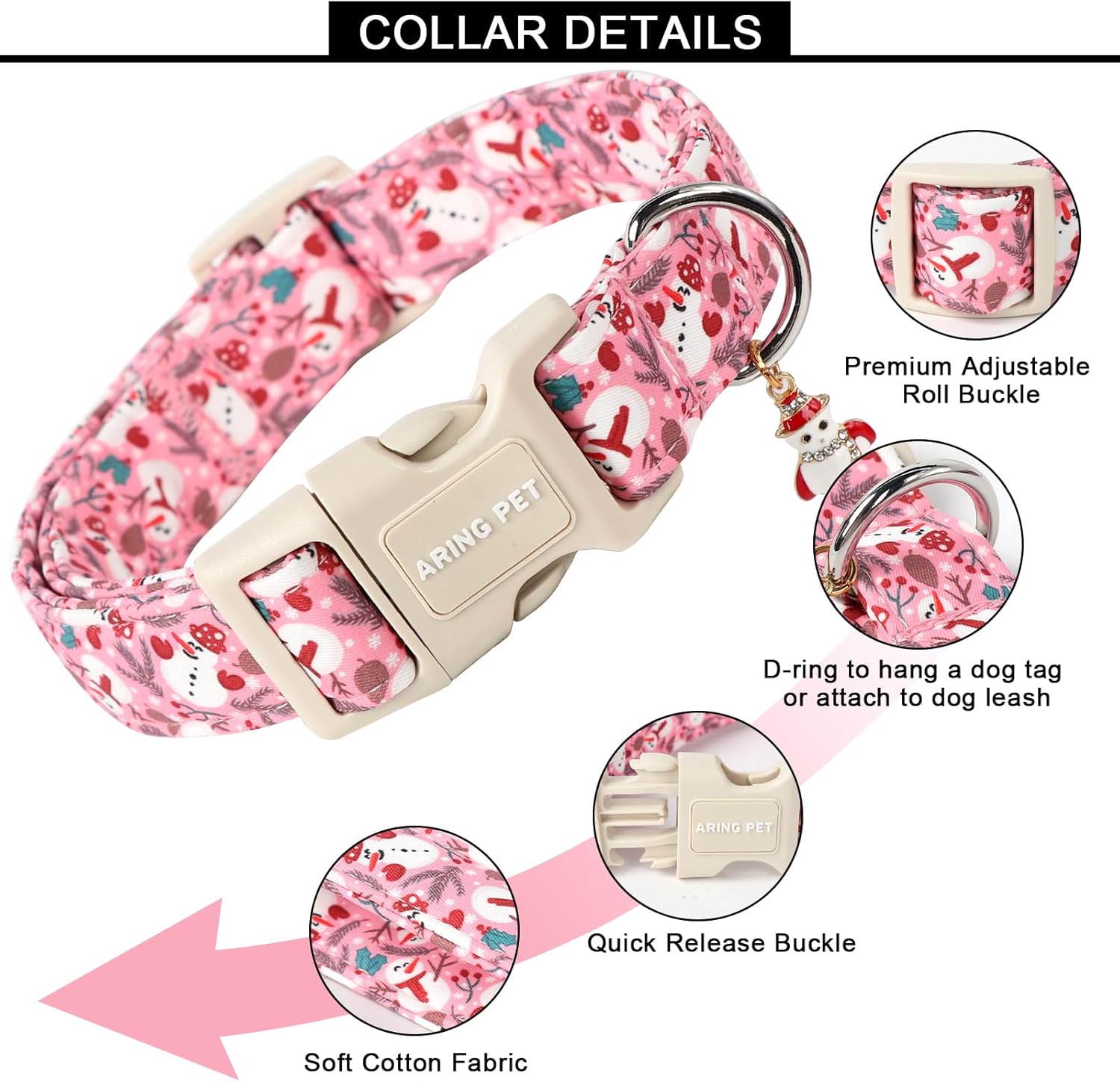 Christmas Dog Collar-Cute Pink Snowman Dog Collars, Adjustable Christmas Pet Collars Puppy Collar with Quick Release Buckle for Girl&Boy Dogs