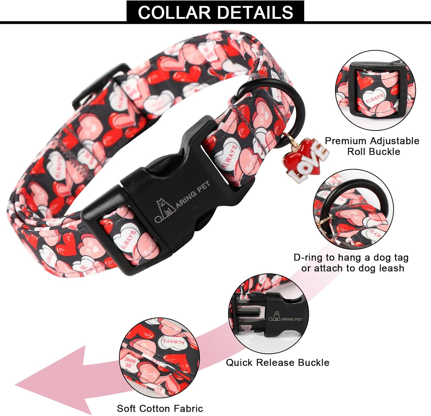 Valentine's Day Dog Collar-Cute Black Heart Dog Collars, Adjustable Valentine Heart Pet Collars Puppy Collar with Quick Release Buckle for Girl&Boy Dogs