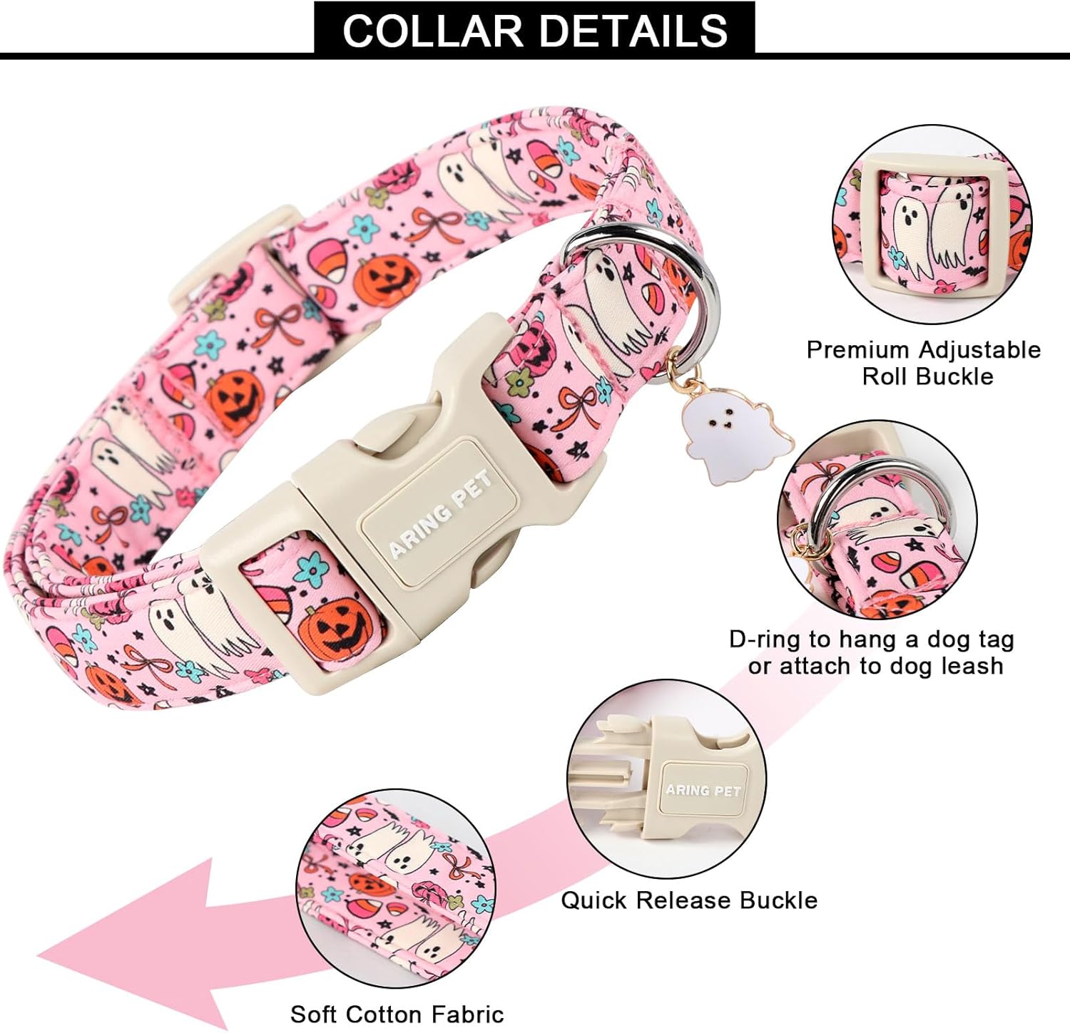 Halloween Dog Collar-Cute Pink Dog Collars, Adjustable Pumpkin Ghost Printed Pet Collars Puppy Collar with Quick Release Buckle for Girl&Boy Dogs