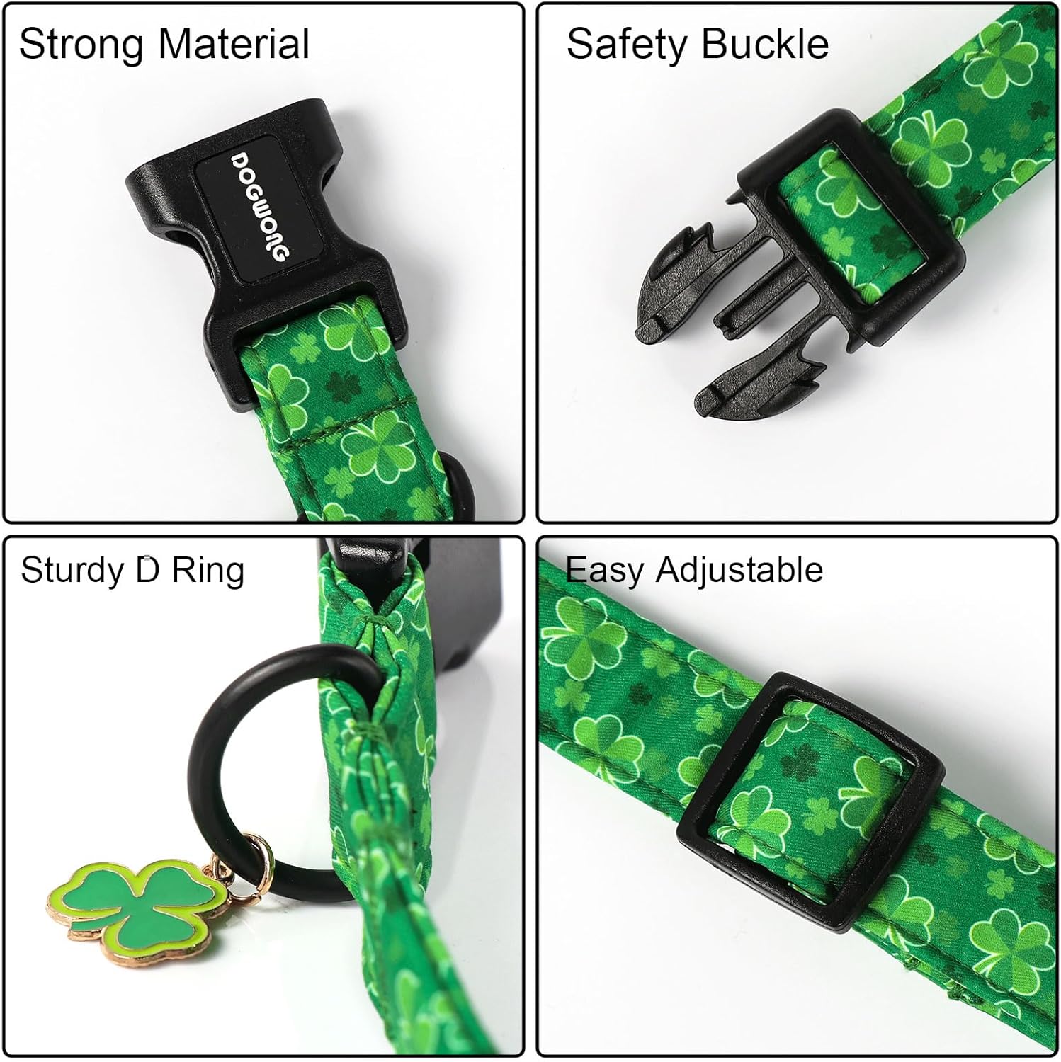 St. Patrick's Day Dog Collar, Cute Green Clover Dog Collars, Adjustable St. Patrick's Day Pet Collars Design Dog Collar with Quick Release Buckle for Boy Female Dogs