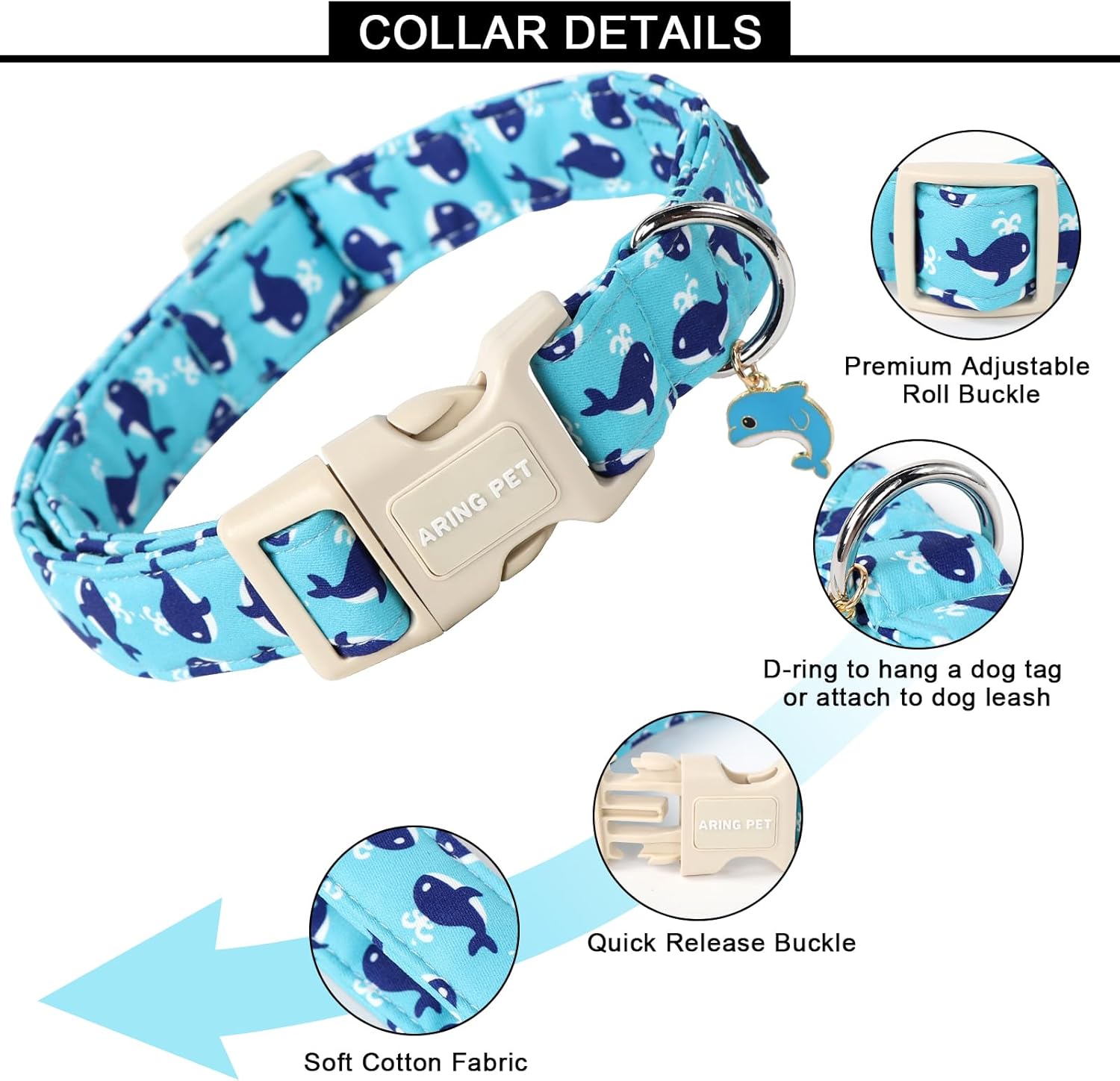 Summer Dog Collar-Cute Blue Dog Collar for Small Dogs, Adjustable Cotton Whales Pet Collars Puppy Collar for Small Medium Large Dogs