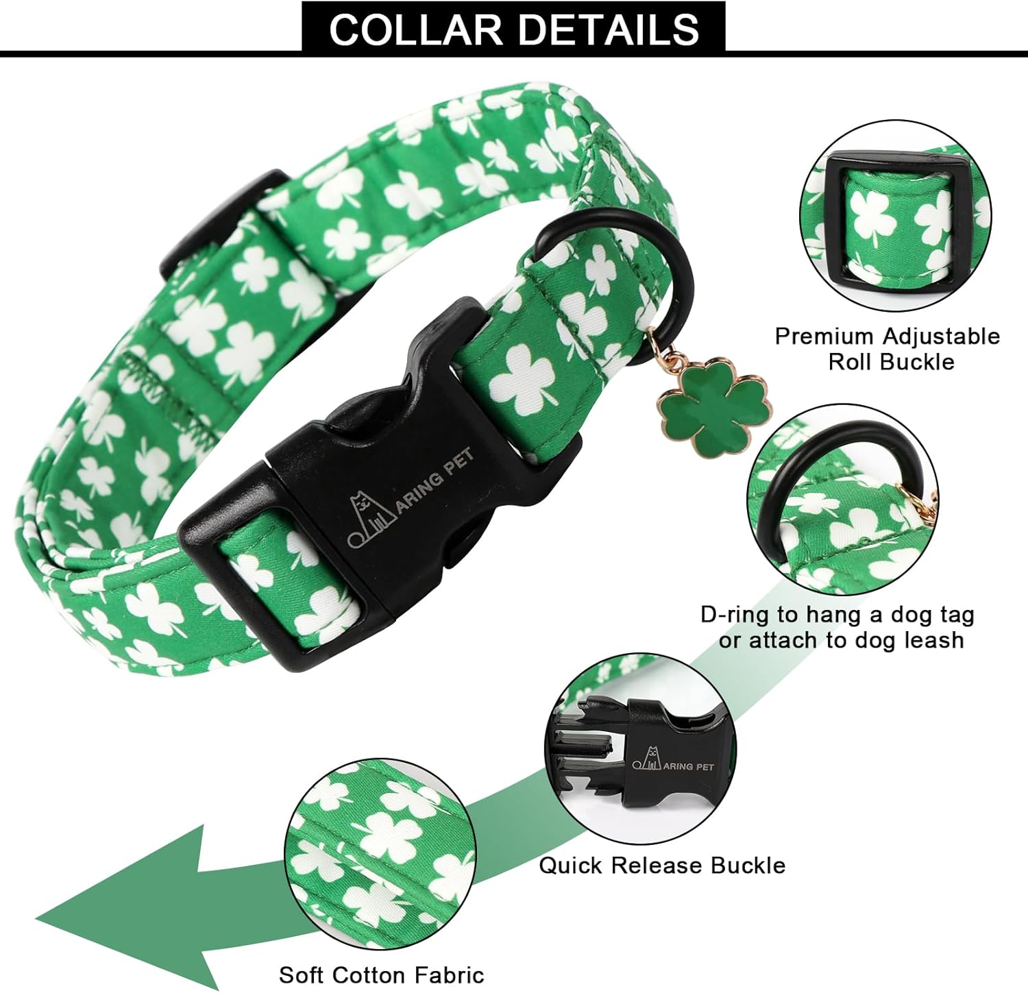 St Patrick's Day Dog Collar-Cute Green Clovers Dog Collars, Adjustable Shamrock Pet Collars Trefoil Puppy Collar with Quick Release Buckle for Girl&Boy Dogs