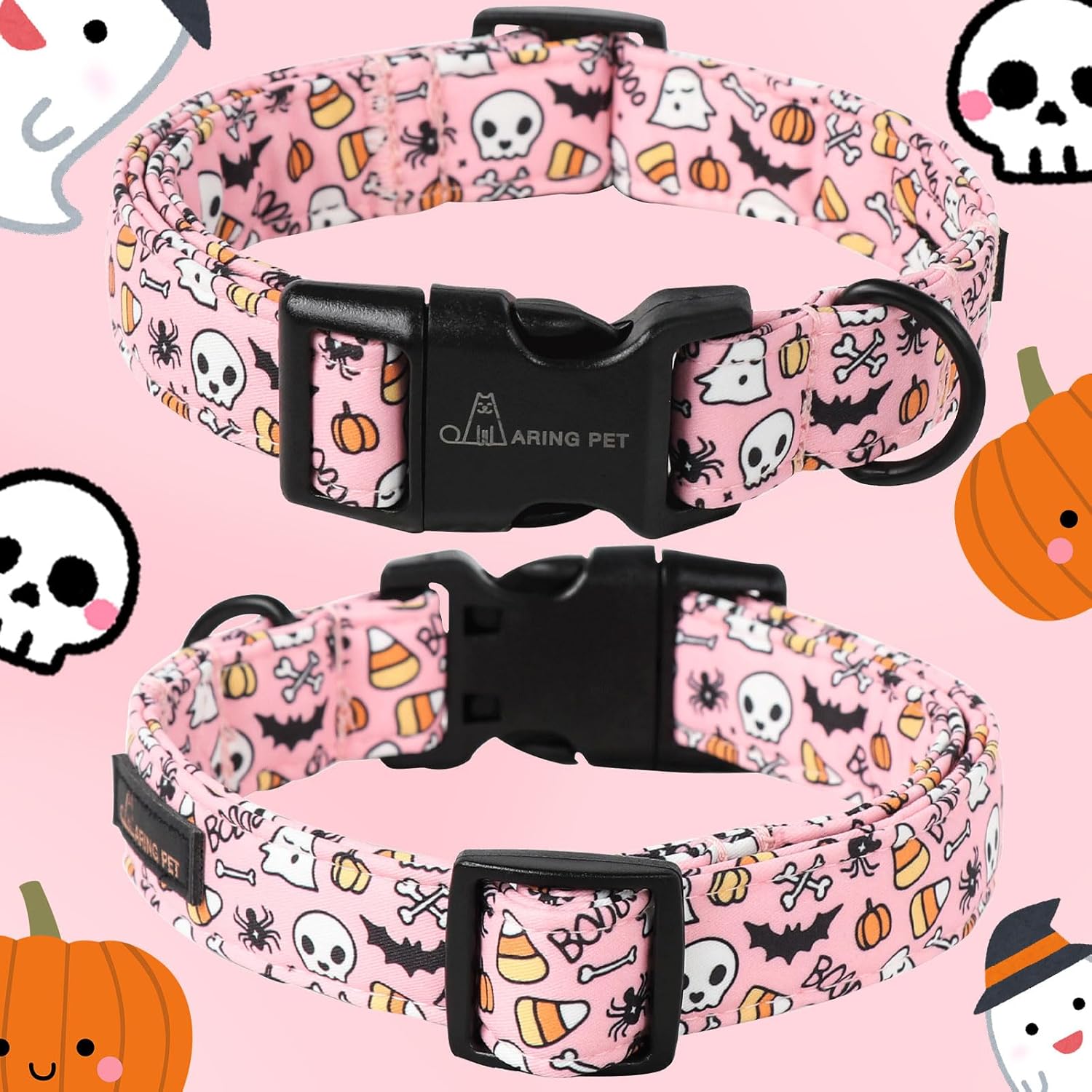 Halloween Dog Collar-Cute Pink Pumpkin Dog Collar, Adjustable Spider Bat Skull Print Pet Collars Puppy Collar with Quick Release Buckle for Girl&Boy Dogs