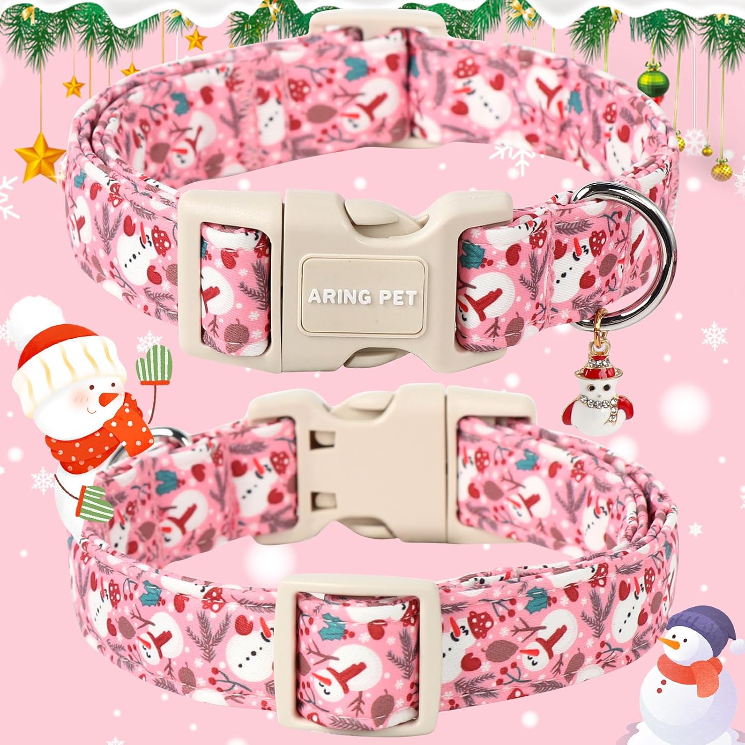 Christmas Dog Collar-Cute Pink Snowman Dog Collars, Adjustable Christmas Pet Collars Puppy Collar with Quick Release Buckle for Girl&Boy Dogs