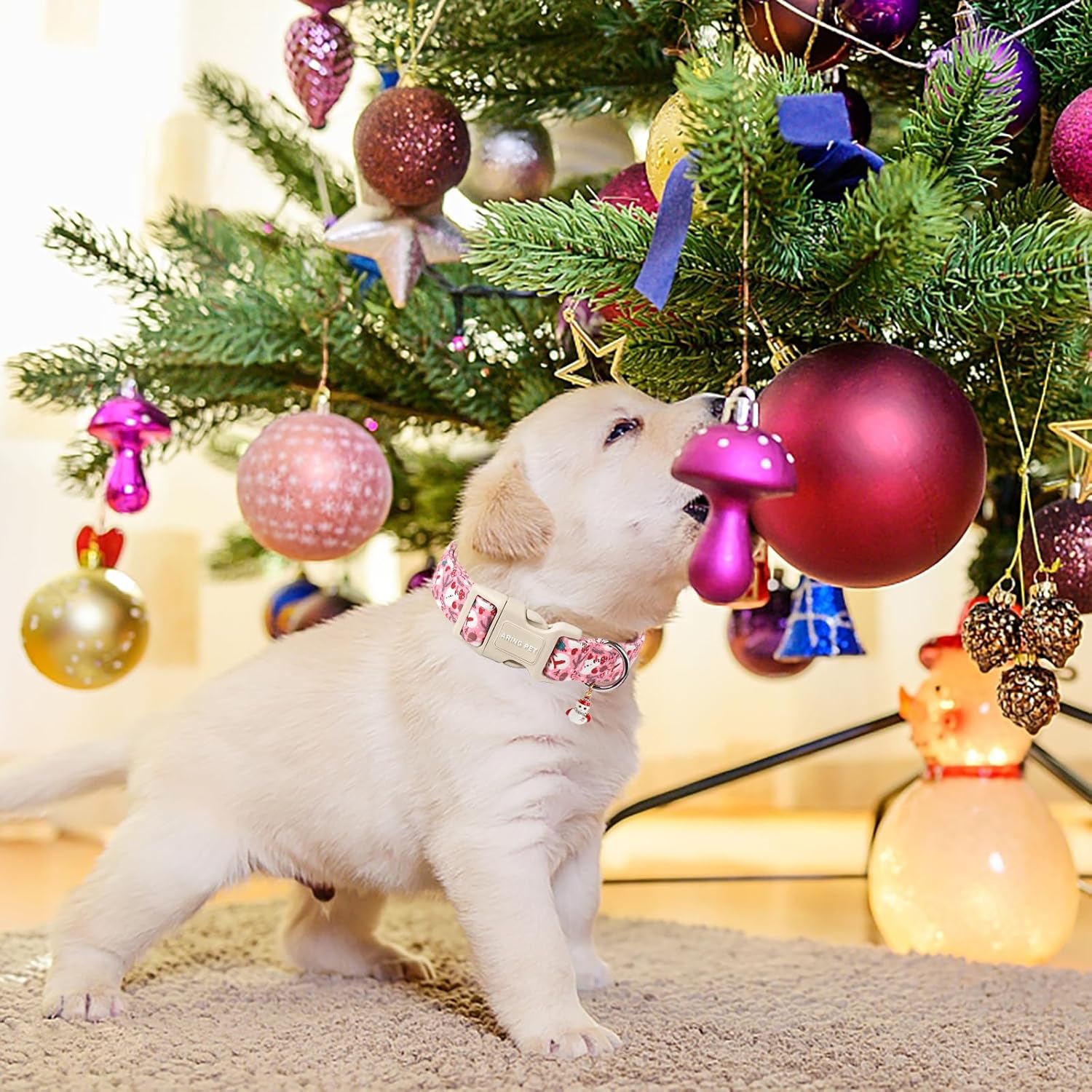 Christmas Dog Collar-Cute Pink Snowman Dog Collars, Adjustable Christmas Pet Collars Puppy Collar with Quick Release Buckle for Girl&Boy Dogs