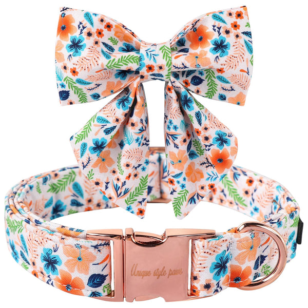 Floral Plaid Colorful Dog Collar with Bow Tie