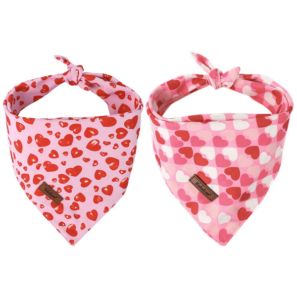 Valentine's Day Dog Bandanas 2 Pack, Pink Red Heart Pattern Valentines Dog Scarf Bib for Boy and Girl, Cute Holiday Bandana for Dogs and Cats