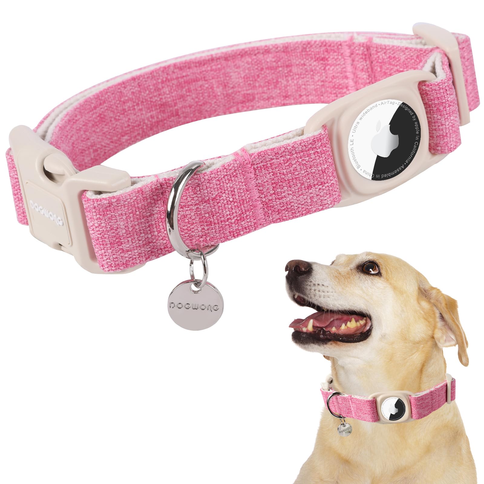 Airtag Cotton Hemp Dog Collar, Heavy-Duty Dog Collar with Airtag Holder Pink Dog Collar Natural Fabric Pet Dog Collar Cute Puppy Necklace for Small Medium Large Dog