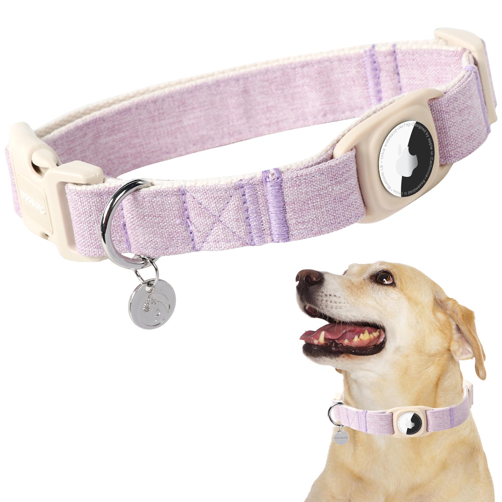 Airtag Cotton Hemp Dog Collar, Heavy-Duty Dog Collar with Airtag Holder Pink Dog Collar Natural Fabric Pet Dog Collar Cute Puppy Necklace for Small Medium Large Dog