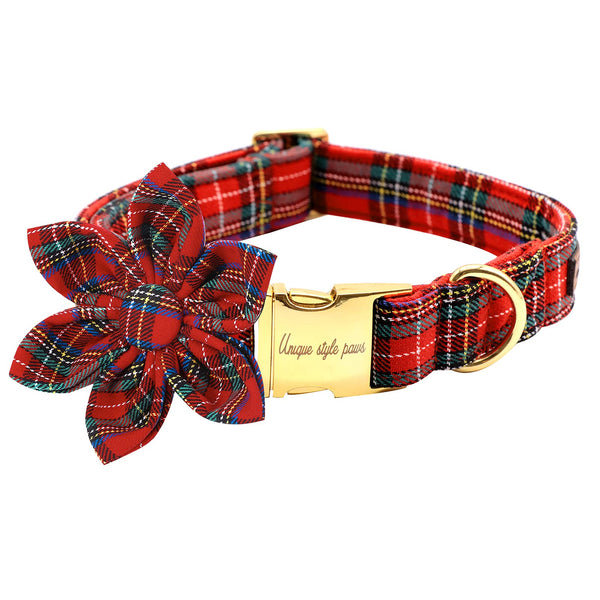 Christmas Grid Dog Collar, Female or Male Adjustable Dog Collar with Flower