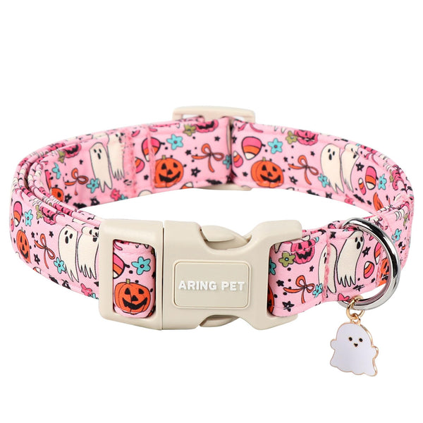 Halloween Dog Collar-Cute Pink Dog Collars, Adjustable Pumpkin Ghost Printed Pet Collars Puppy Collar with Quick Release Buckle for Girl&Boy Dogs