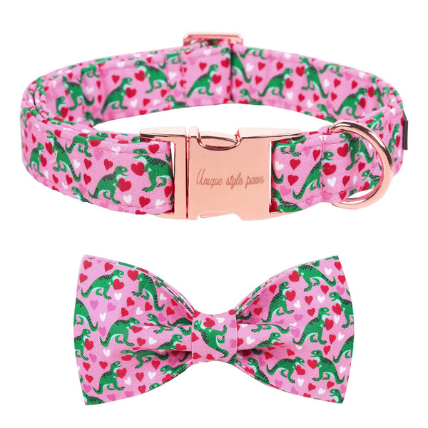 Pink Dinosaur & Heart Puppy Collar With Bowtie