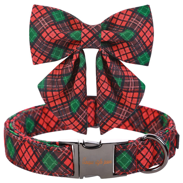 Red Green Plaid Adjustable Cotton Puppy Collar with Sailor Bow