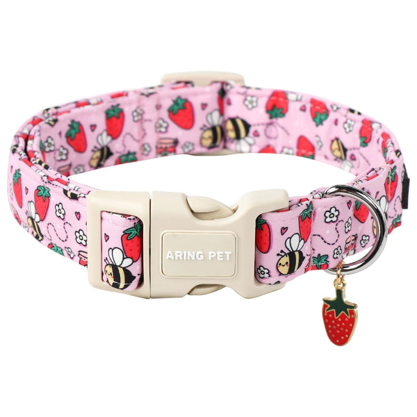 Summer Dog Collar-Cute Pink Dog Collar for Small Dogs, Adjustable Strawberry Bees Print Pet Collars Puppy Collar for Small Medium Large Dogs