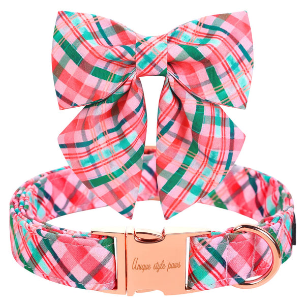 Pink & Green Plaid Dog Collar with Sailor Bow