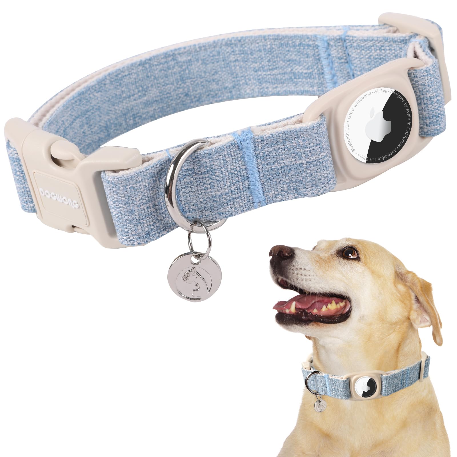 Airtag Cotton Hemp Dog Collar, Heavy-Duty Dog Collar with Airtag Holder Pink Dog Collar Natural Fabric Pet Dog Collar Cute Puppy Necklace for Small Medium Large Dog