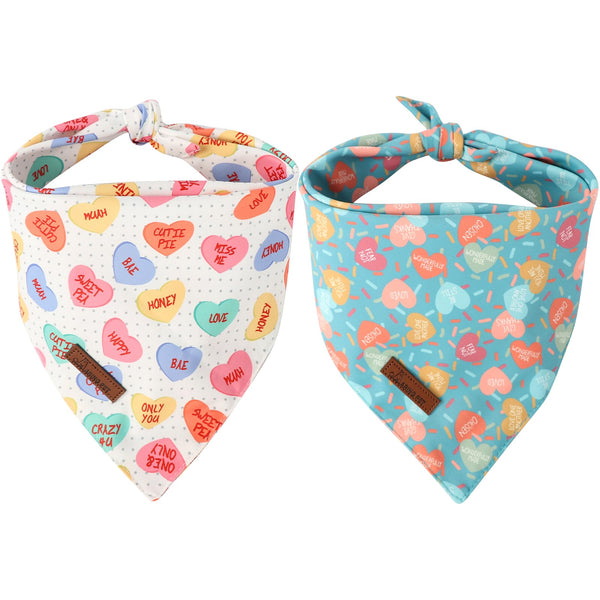 Valentine's Day Dog Bandana 2 Pack-Cute Blue&Candy Heart Dog Bandanas, Reversible Wedding Dog Triangle Bibs Pet Scarf Gifts for Dogs and Cats