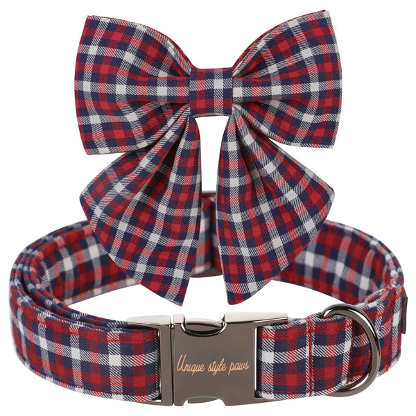 Red Blue Plaid Puppy Collar with Sailor Bow
