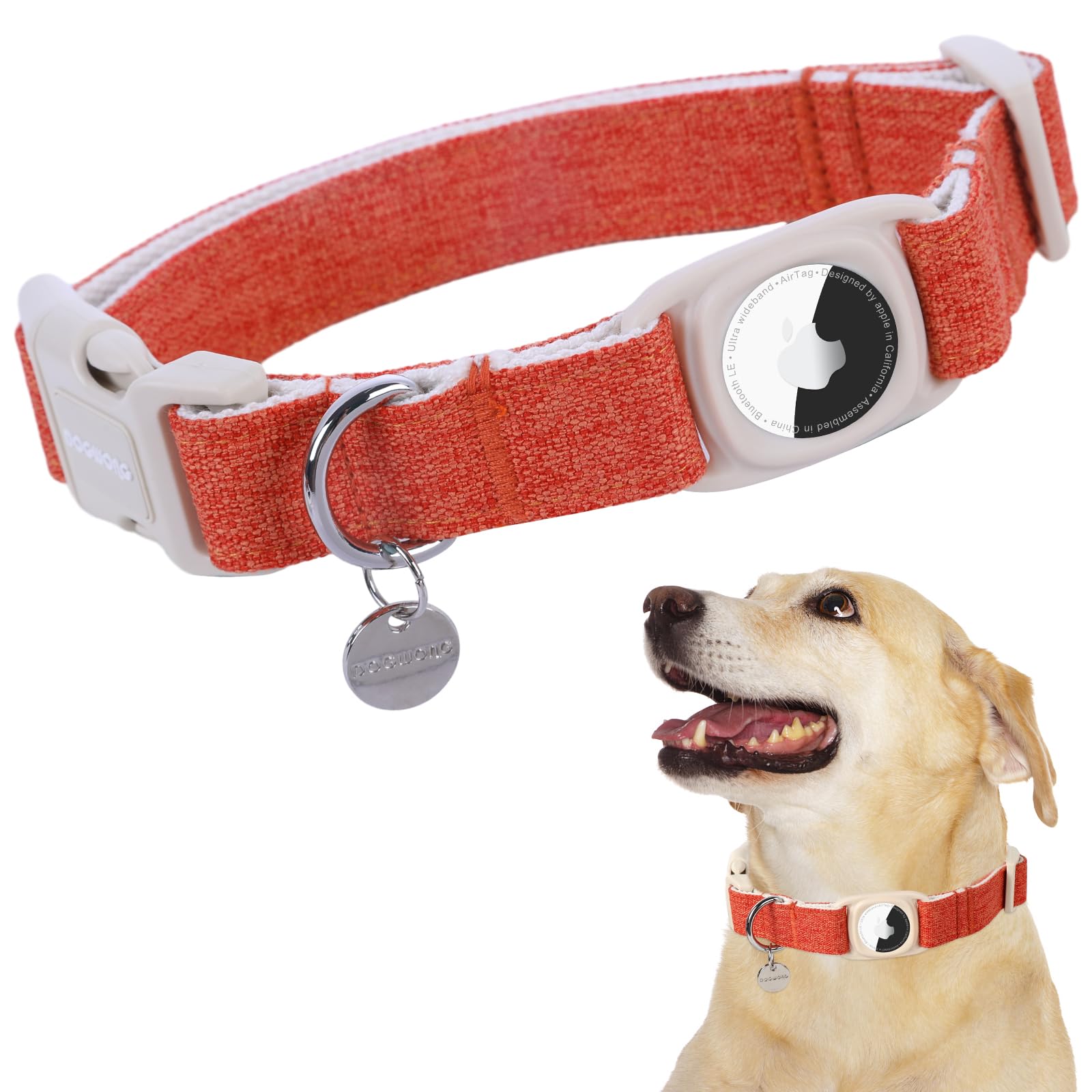 Airtag Cotton Hemp Dog Collar, Heavy-Duty Dog Collar with Airtag Holder Pink Dog Collar Natural Fabric Pet Dog Collar Cute Puppy Necklace for Small Medium Large Dog