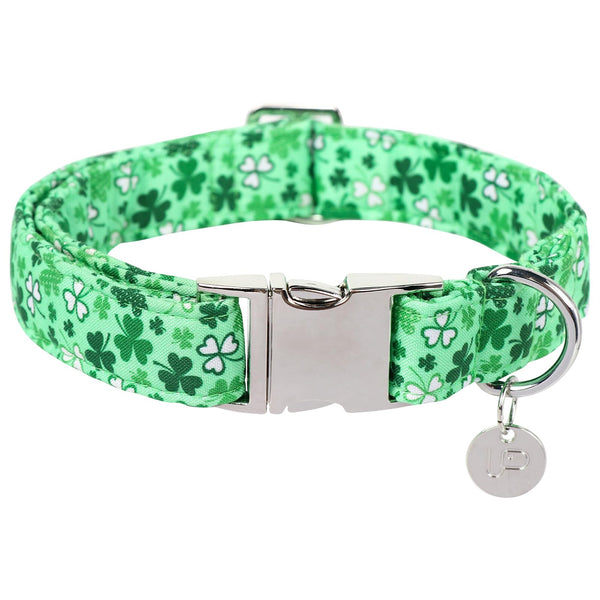 St. Patrick's Day Dog Collar, Cotton St. Patricks Day Clover Collar for Puppy Girl Boy Dog or Cat, Lucky Shamrock Dog Collar with Metal Buckle, Green, Spring